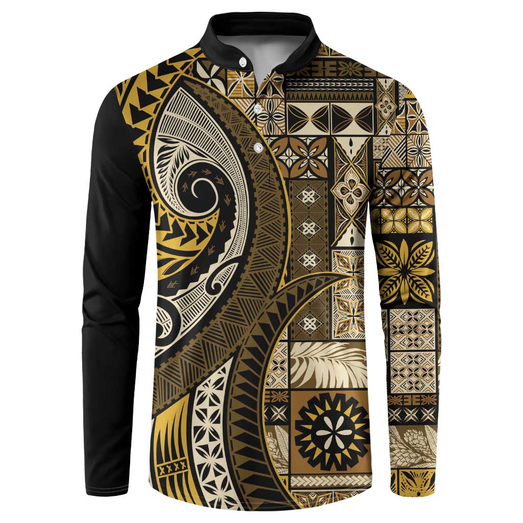 Vintage Samoa Siapo Mamanu Button Sweatshirt Gold Samoan Tapa Motif LT9 Gold - Polynesian Pride
