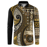 Vintage Samoa Siapo Mamanu Button Sweatshirt Gold Samoan Tapa Motif LT9 Gold - Polynesian Pride