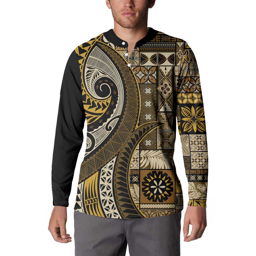 Vintage Samoa Siapo Mamanu Button Sweatshirt Gold Samoan Tapa Motif LT9 - Polynesian Pride