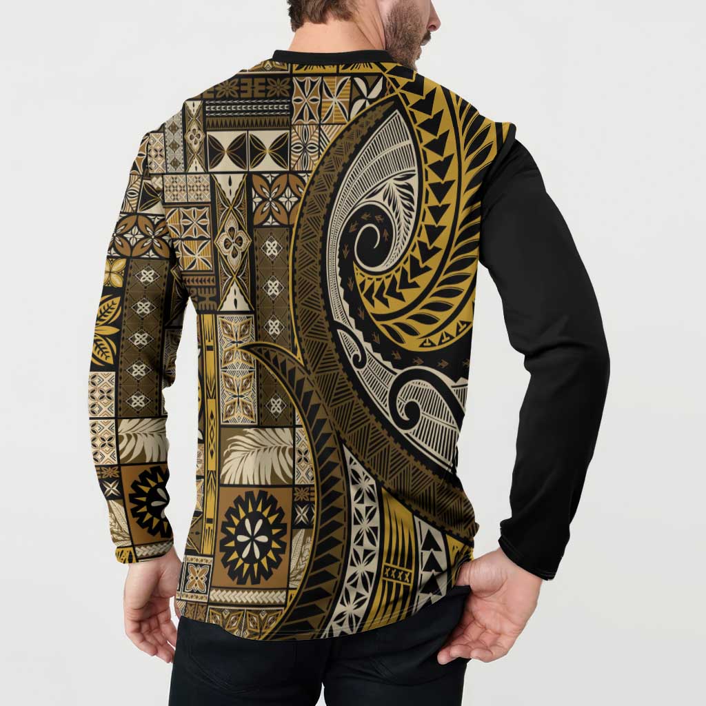 Vintage Samoa Siapo Mamanu Button Sweatshirt Gold Samoan Tapa Motif LT9 - Polynesian Pride