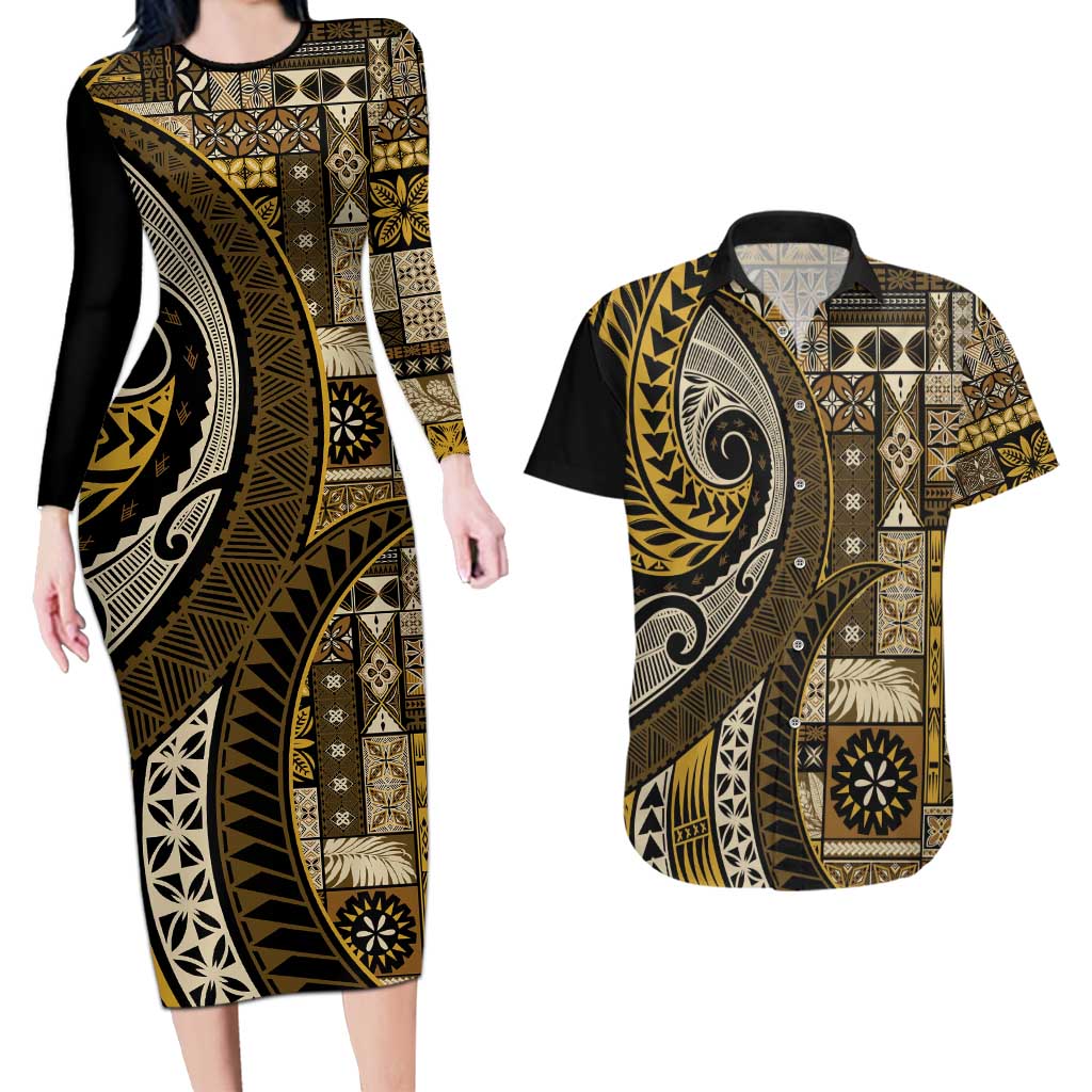Vintage Samoa Siapo Mamanu Couples Matching Long Sleeve Bodycon Dress and Hawaiian Shirt Gold Samoan Tapa Motif - Polynesian Pride