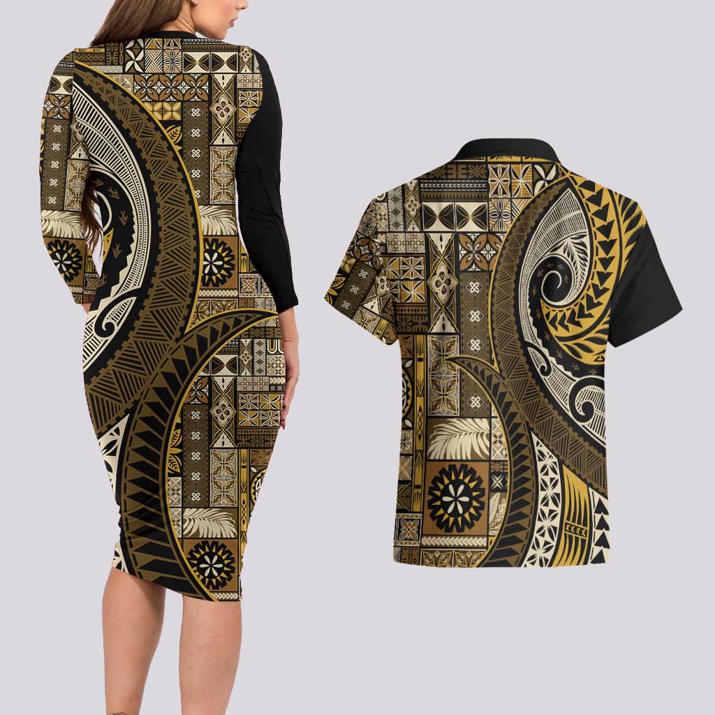 Vintage Samoa Siapo Mamanu Couples Matching Long Sleeve Bodycon Dress and Hawaiian Shirt Gold Samoan Tapa Motif - Polynesian Pride