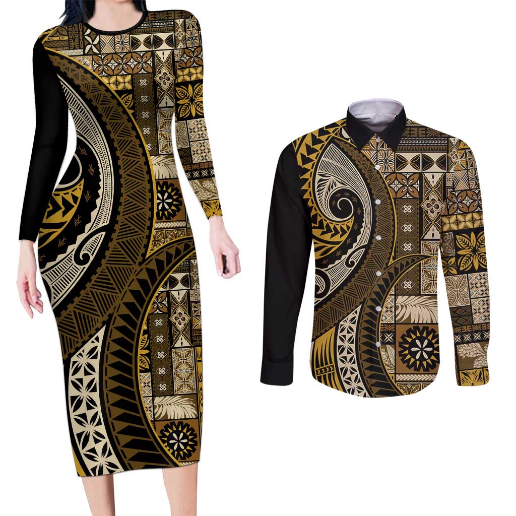 Vintage Samoa Siapo Mamanu Couples Matching Long Sleeve Bodycon Dress and Long Sleeve Button Shirt Gold Samoan Tapa Motif LT9 Gold - Polynesian Pride