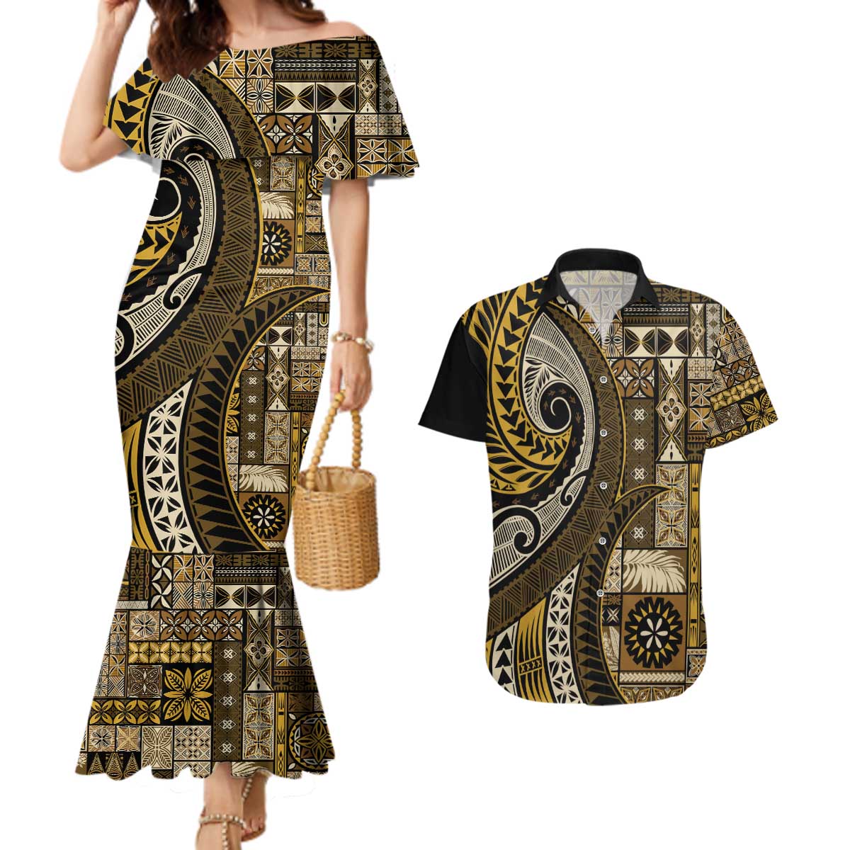 Vintage Samoa Siapo Mamanu Couples Matching Mermaid Dress and Hawaiian Shirt Gold Samoan Tapa Motif LT9 Gold - Polynesian Pride