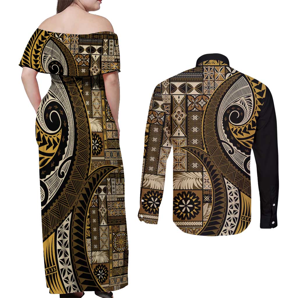 Vintage Samoa Siapo Mamanu Couples Matching Off Shoulder Maxi Dress and Long Sleeve Button Shirt Gold Samoan Tapa Motif - Polynesian Pride