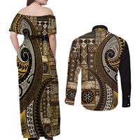 Vintage Samoa Siapo Mamanu Couples Matching Off Shoulder Maxi Dress and Long Sleeve Button Shirt Gold Samoan Tapa Motif - Polynesian Pride