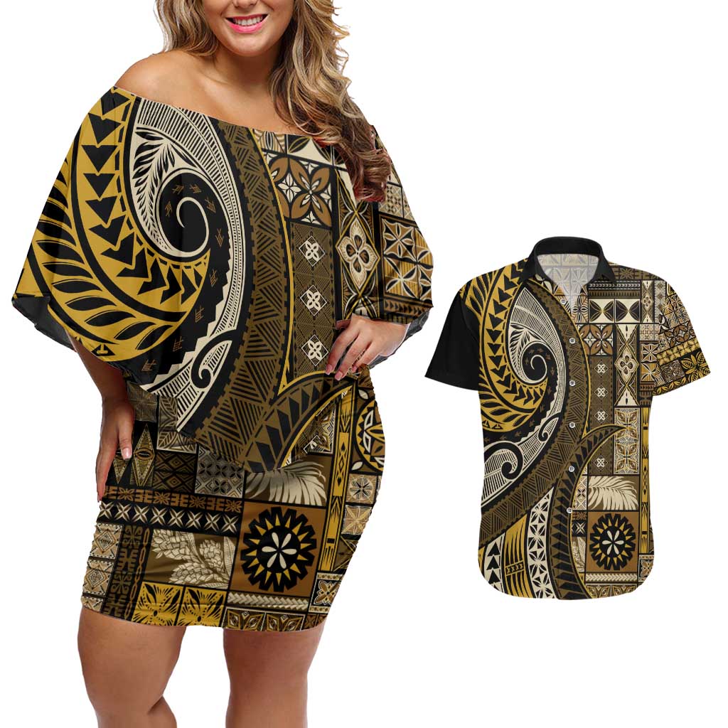 Vintage Samoa Siapo Mamanu Couples Matching Off Shoulder Short Dress and Hawaiian Shirt Gold Samoan Tapa Motif LT9 Gold - Polynesian Pride