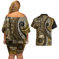Vintage Samoa Siapo Mamanu Couples Matching Off Shoulder Short Dress and Hawaiian Shirt Gold Samoan Tapa Motif - Polynesian Pride