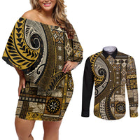 Vintage Samoa Siapo Mamanu Couples Matching Off Shoulder Short Dress and Long Sleeve Button Shirt Gold Samoan Tapa Motif - Polynesian Pride