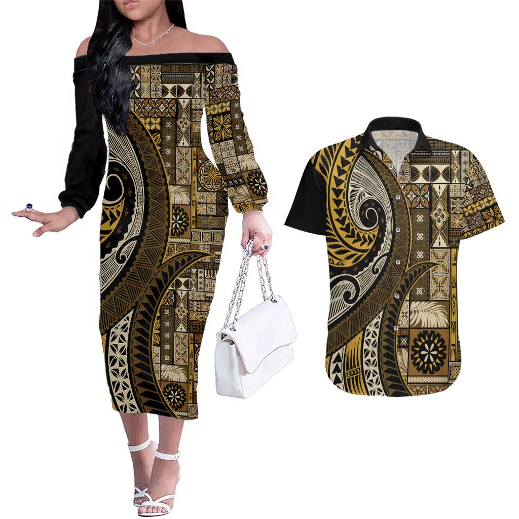 Vintage Samoa Siapo Mamanu Couples Matching Off The Shoulder Long Sleeve Dress and Hawaiian Shirt Gold Samoan Tapa Motif - Polynesian Pride
