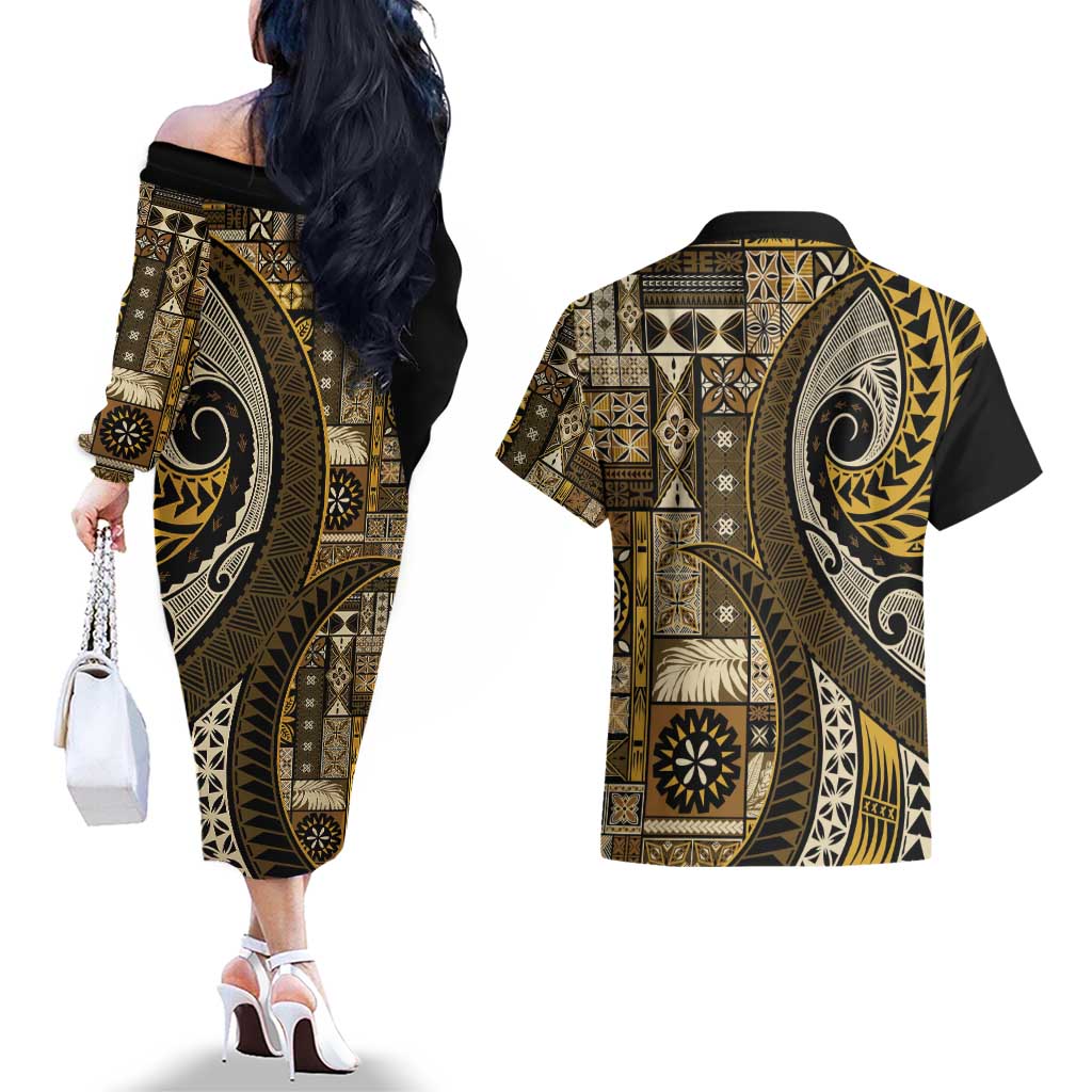 Vintage Samoa Siapo Mamanu Couples Matching Off The Shoulder Long Sleeve Dress and Hawaiian Shirt Gold Samoan Tapa Motif - Polynesian Pride