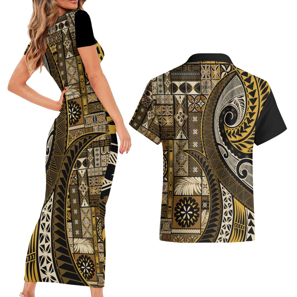 Vintage Samoa Siapo Mamanu Couples Matching Short Sleeve Bodycon Dress and Hawaiian Shirt Gold Samoan Tapa Motif - Polynesian Pride