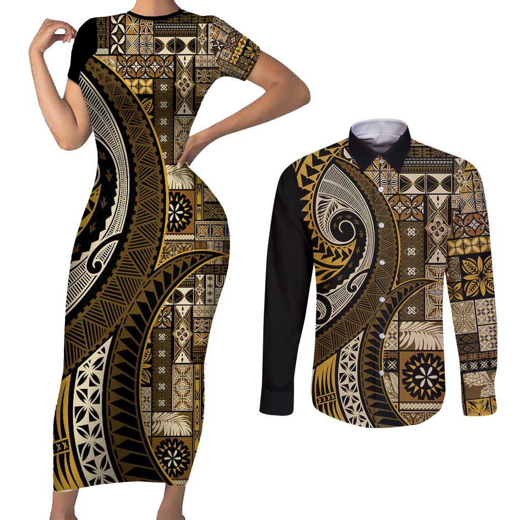 Vintage Samoa Siapo Mamanu Couples Matching Short Sleeve Bodycon Dress and Long Sleeve Button Shirt Gold Samoan Tapa Motif - Polynesian Pride