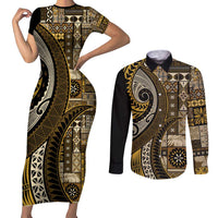 Vintage Samoa Siapo Mamanu Couples Matching Short Sleeve Bodycon Dress and Long Sleeve Button Shirt Gold Samoan Tapa Motif - Polynesian Pride
