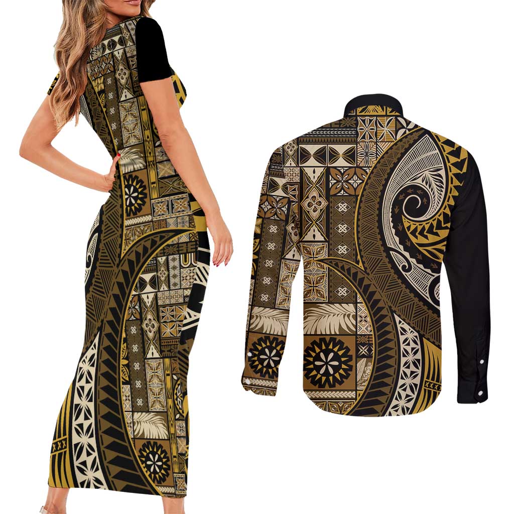 Vintage Samoa Siapo Mamanu Couples Matching Short Sleeve Bodycon Dress and Long Sleeve Button Shirt Gold Samoan Tapa Motif - Polynesian Pride