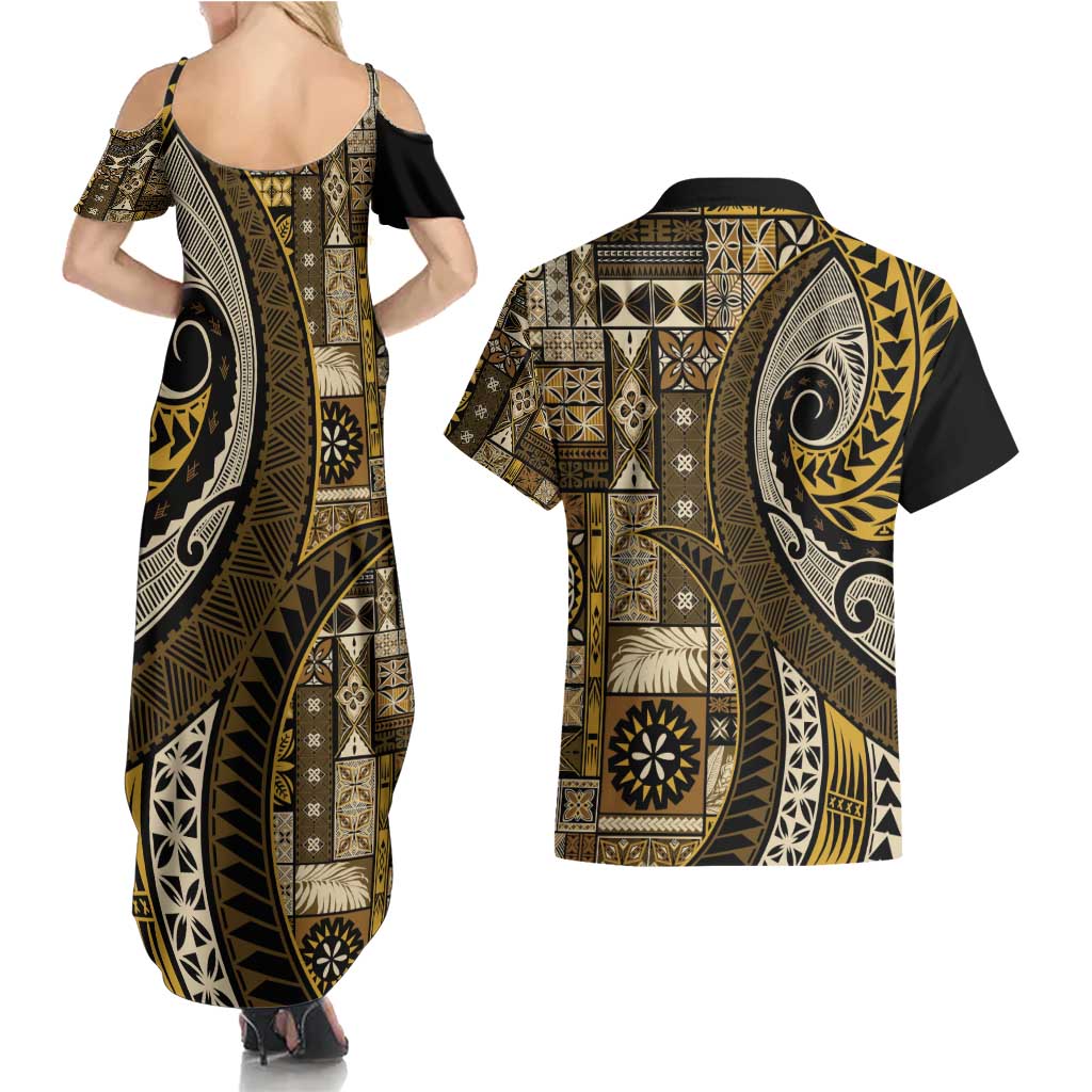 Vintage Samoa Siapo Mamanu Couples Matching Summer Maxi Dress and Hawaiian Shirt Gold Samoan Tapa Motif - Polynesian Pride