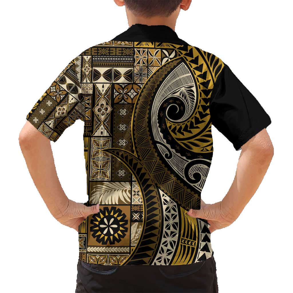 Vintage Samoa Siapo Mamanu Family Matching Long Sleeve Bodycon Dress and Hawaiian Shirt Gold Samoan Tapa Motif - Polynesian Pride