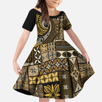 Vintage Samoa Siapo Mamanu Family Matching Long Sleeve Bodycon Dress and Hawaiian Shirt Gold Samoan Tapa Motif - Polynesian Pride