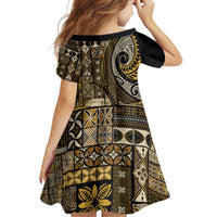 Vintage Samoa Siapo Mamanu Family Matching Long Sleeve Bodycon Dress and Hawaiian Shirt Gold Samoan Tapa Motif - Polynesian Pride