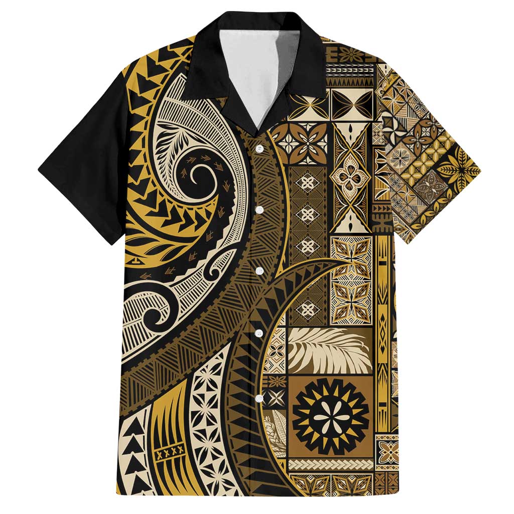 Vintage Samoa Siapo Mamanu Family Matching Long Sleeve Bodycon Dress and Hawaiian Shirt Gold Samoan Tapa Motif - Polynesian Pride