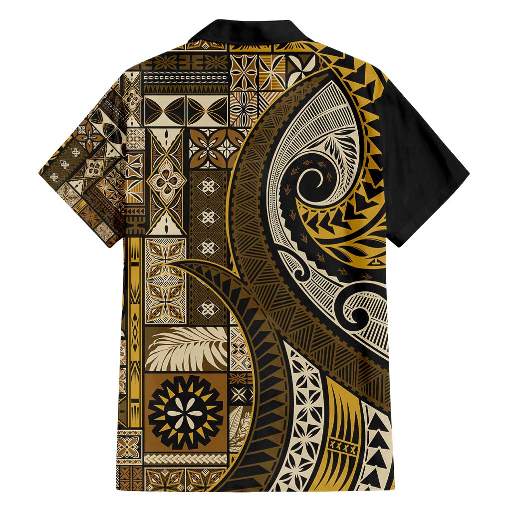 Vintage Samoa Siapo Mamanu Family Matching Long Sleeve Bodycon Dress and Hawaiian Shirt Gold Samoan Tapa Motif - Polynesian Pride