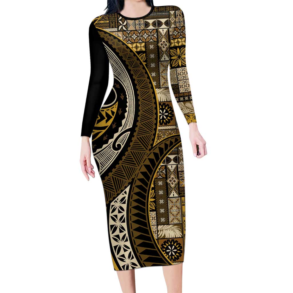 Vintage Samoa Siapo Mamanu Family Matching Long Sleeve Bodycon Dress and Hawaiian Shirt Gold Samoan Tapa Motif - Polynesian Pride