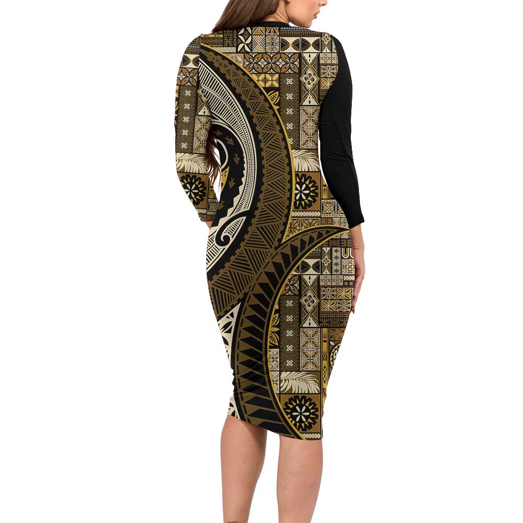 Vintage Samoa Siapo Mamanu Family Matching Long Sleeve Bodycon Dress and Hawaiian Shirt Gold Samoan Tapa Motif - Polynesian Pride