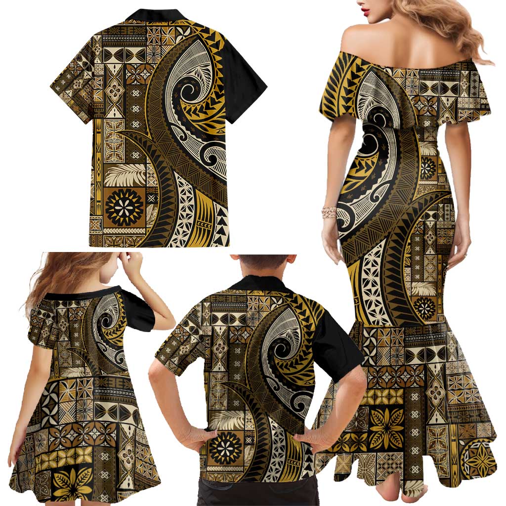 Vintage Samoa Siapo Mamanu Family Matching Mermaid Dress and Hawaiian Shirt Gold Samoan Tapa Motif - Polynesian Pride