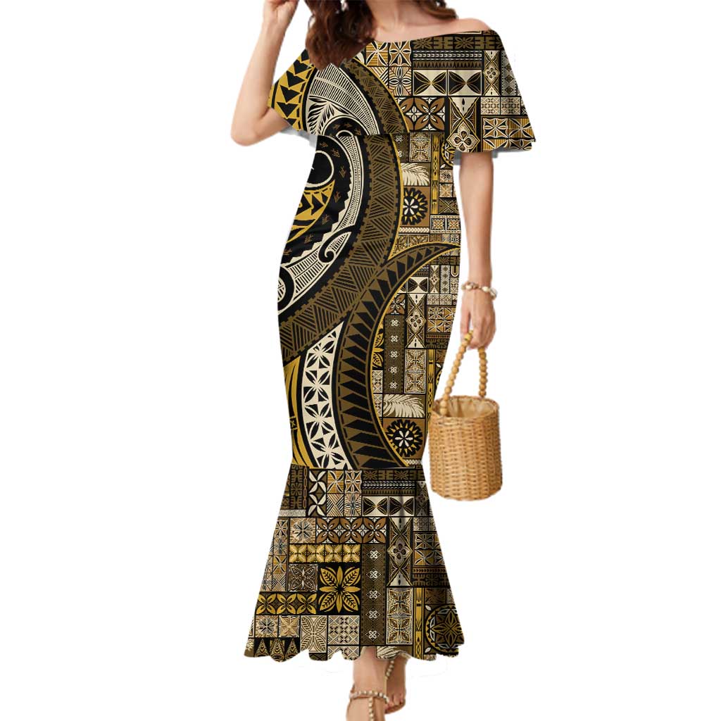 Vintage Samoa Siapo Mamanu Family Matching Mermaid Dress and Hawaiian Shirt Gold Samoan Tapa Motif - Polynesian Pride
