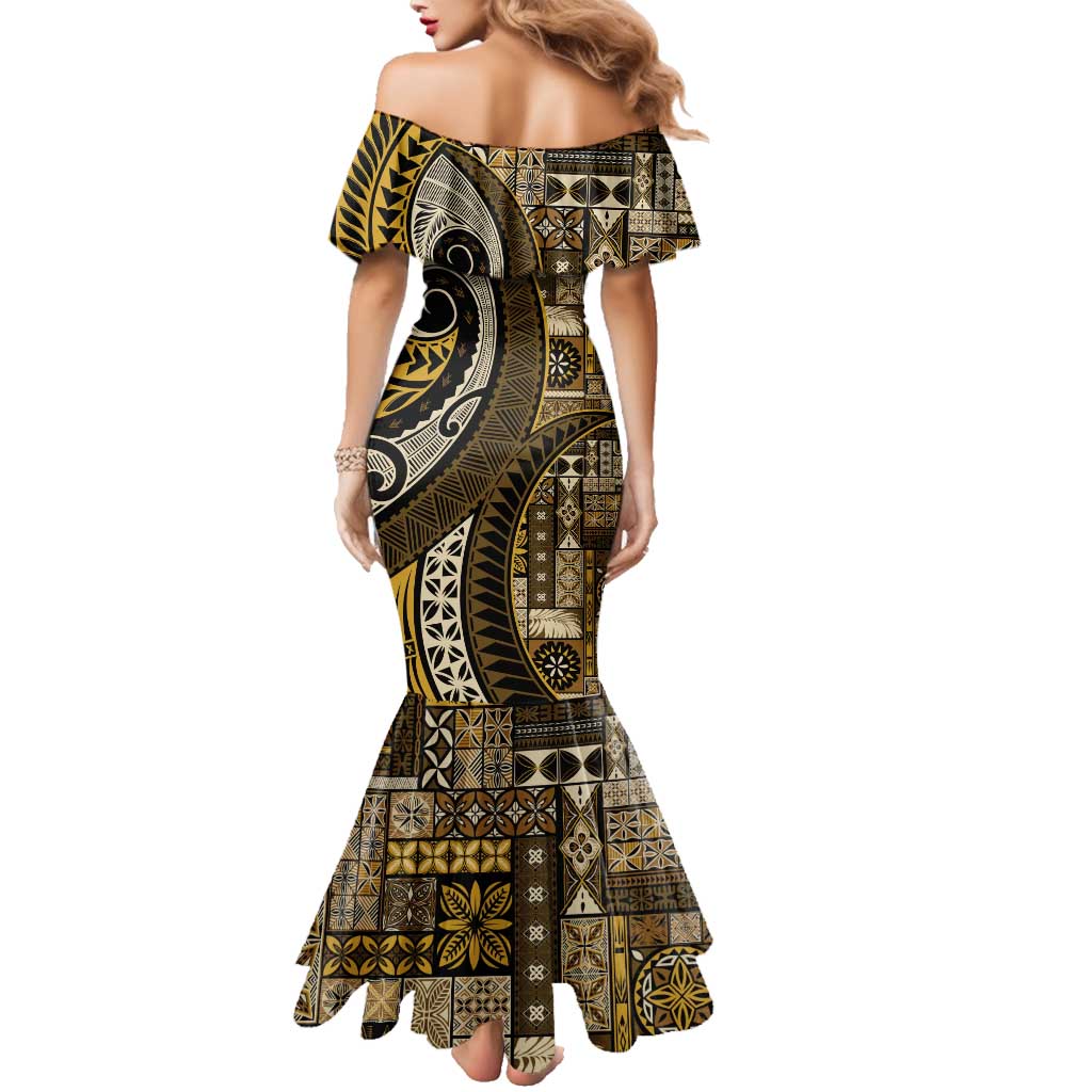 Vintage Samoa Siapo Mamanu Family Matching Mermaid Dress and Hawaiian Shirt Gold Samoan Tapa Motif - Polynesian Pride