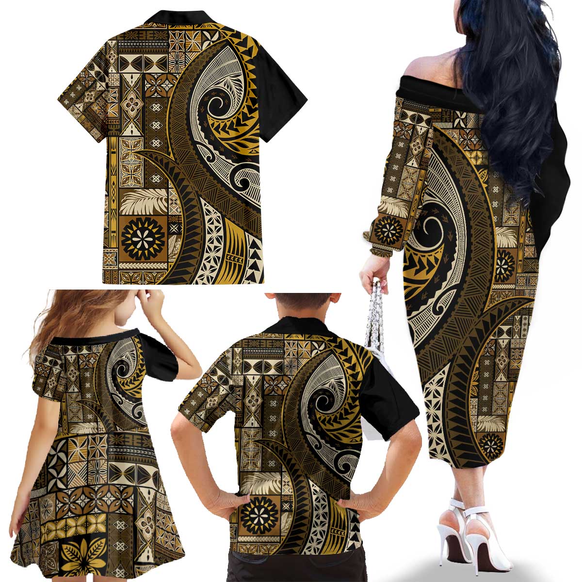 Vintage Samoa Siapo Mamanu Family Matching Off The Shoulder Long Sleeve Dress and Hawaiian Shirt Gold Samoan Tapa Motif - Polynesian Pride