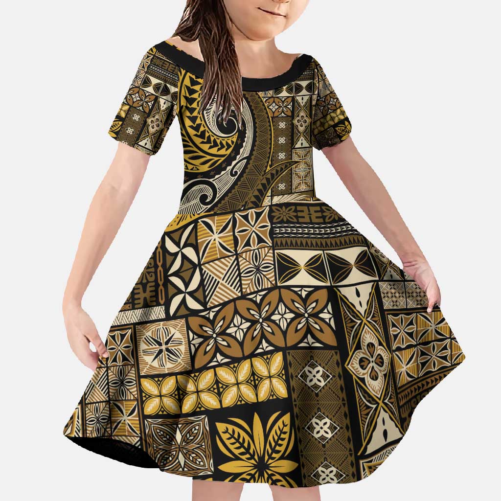 Vintage Samoa Siapo Mamanu Family Matching Off Shoulder Maxi Dress and Hawaiian Shirt Gold Samoan Tapa Motif - Polynesian Pride