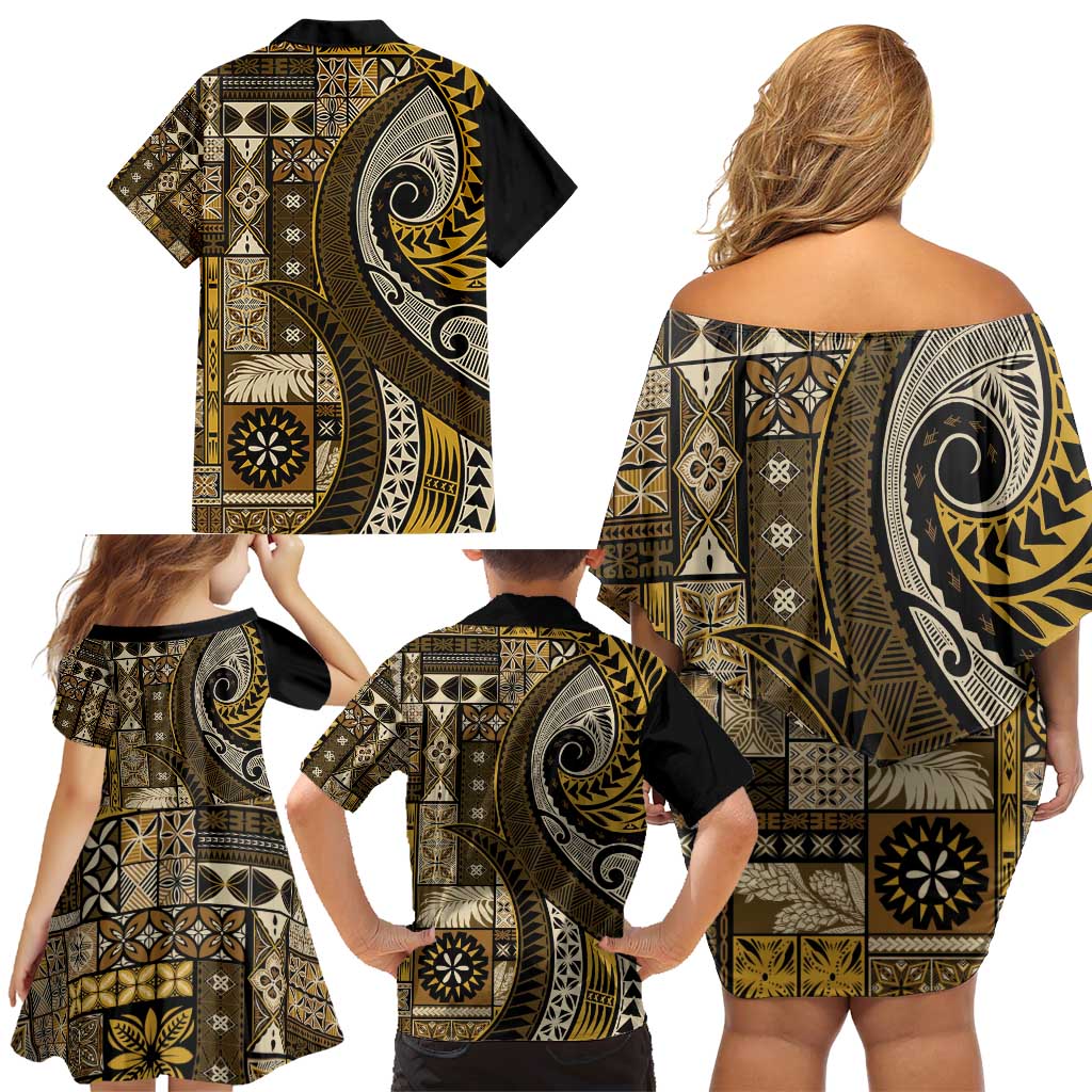 Vintage Samoa Siapo Mamanu Family Matching Off Shoulder Short Dress and Hawaiian Shirt Gold Samoan Tapa Motif - Polynesian Pride