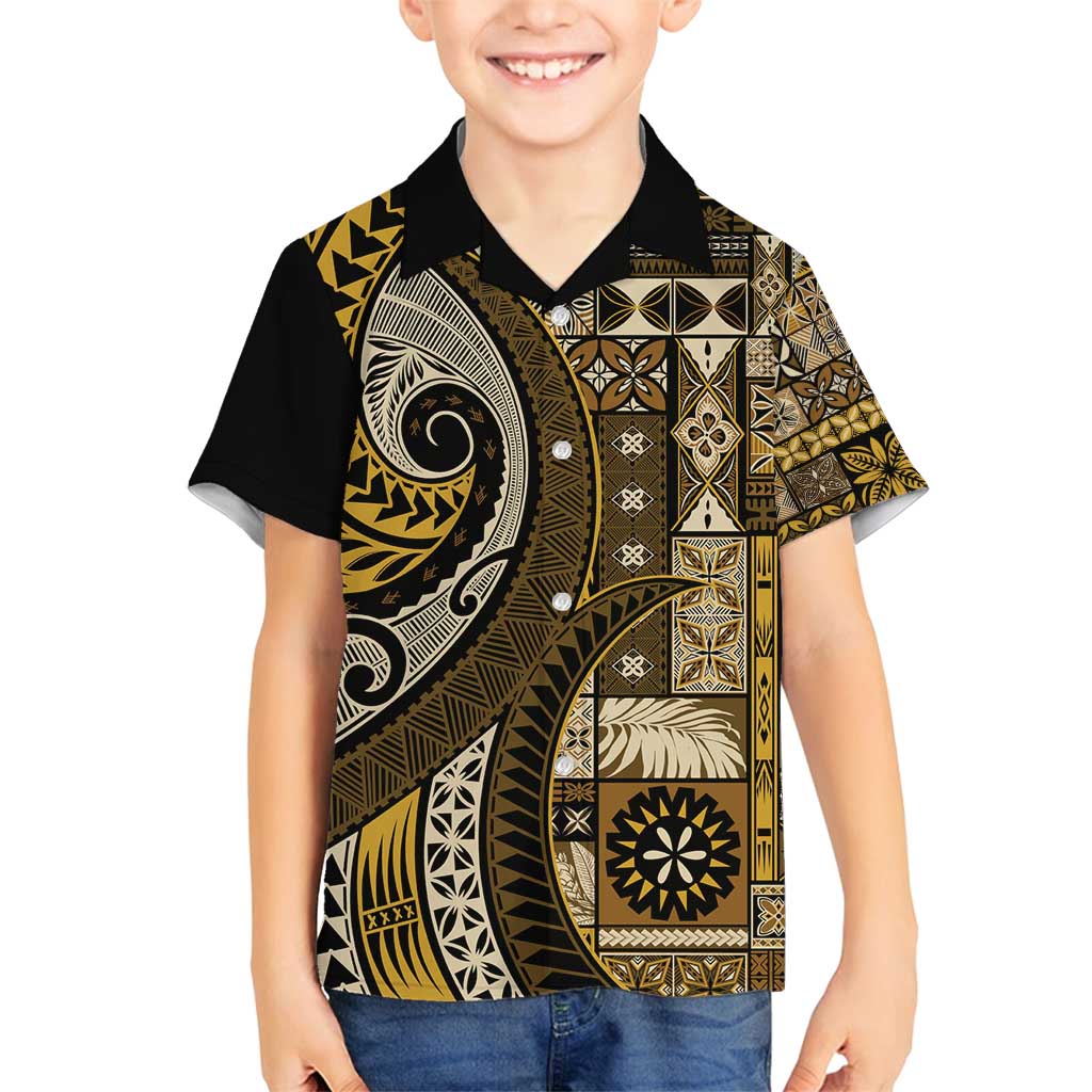 Vintage Samoa Siapo Mamanu Family Matching Off Shoulder Short Dress and Hawaiian Shirt Gold Samoan Tapa Motif - Polynesian Pride