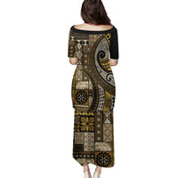 Vintage Samoa Siapo Mamanu Family Matching Puletasi and Hawaiian Shirt Gold Samoan Tapa Motif - Polynesian Pride