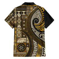 Vintage Samoa Siapo Mamanu Family Matching Short Sleeve Bodycon Dress and Hawaiian Shirt Gold Samoan Tapa Motif - Polynesian Pride