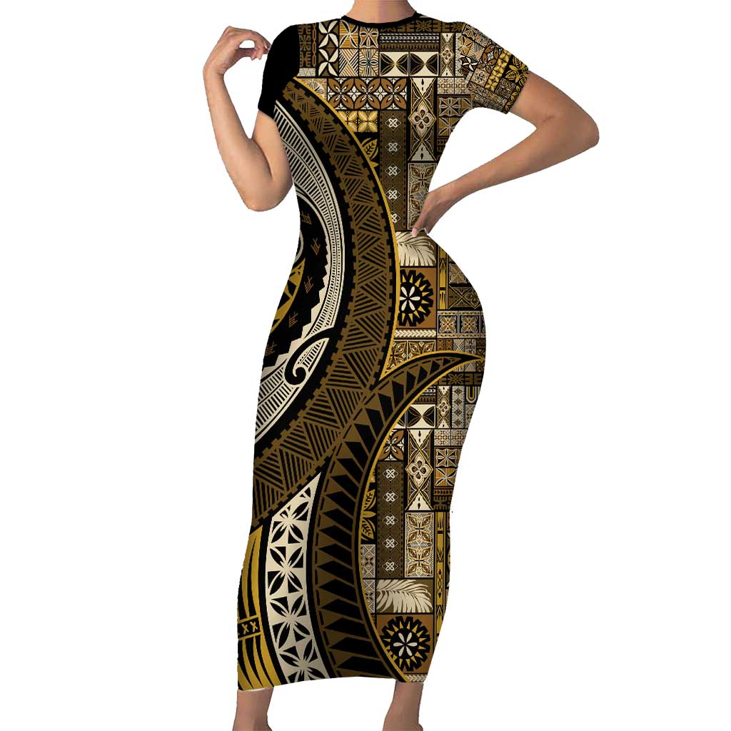 Vintage Samoa Siapo Mamanu Family Matching Short Sleeve Bodycon Dress and Hawaiian Shirt Gold Samoan Tapa Motif - Polynesian Pride