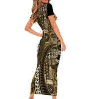 Vintage Samoa Siapo Mamanu Family Matching Short Sleeve Bodycon Dress and Hawaiian Shirt Gold Samoan Tapa Motif - Polynesian Pride