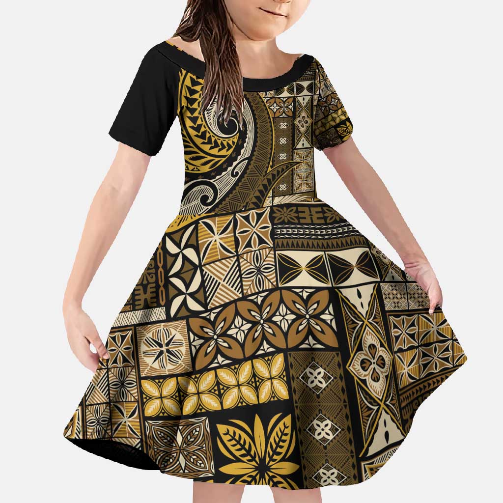 Vintage Samoa Siapo Mamanu Family Matching Tank Maxi Dress and Hawaiian Shirt Gold Samoan Tapa Motif - Polynesian Pride