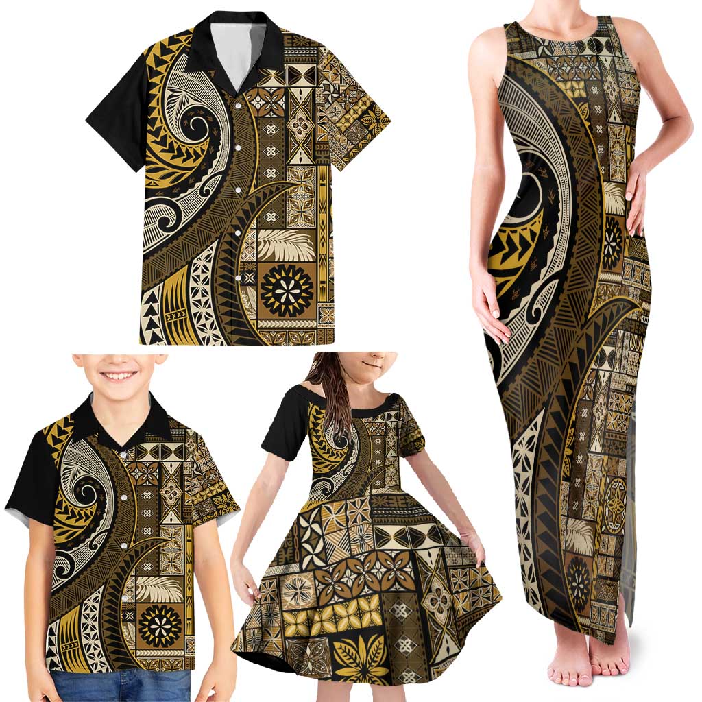 Vintage Samoa Siapo Mamanu Family Matching Tank Maxi Dress and Hawaiian Shirt Gold Samoan Tapa Motif - Polynesian Pride