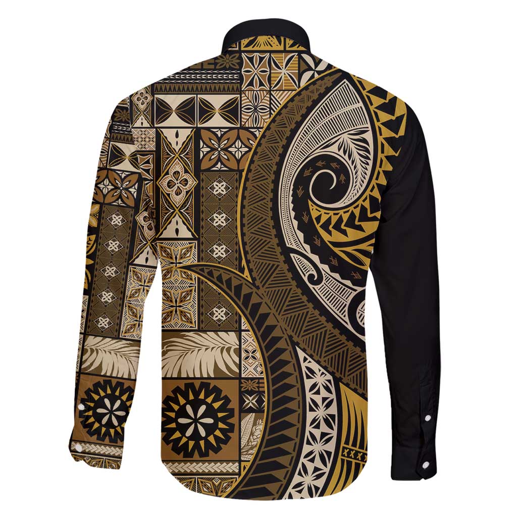 Vintage Samoa Siapo Mamanu Family Matching Tank Maxi Dress and Hawaiian Shirt Gold Samoan Tapa Motif - Polynesian Pride