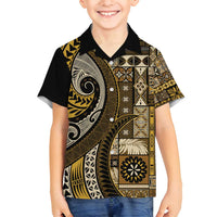 Vintage Samoa Siapo Mamanu Family Matching Tank Maxi Dress and Hawaiian Shirt Gold Samoan Tapa Motif - Polynesian Pride