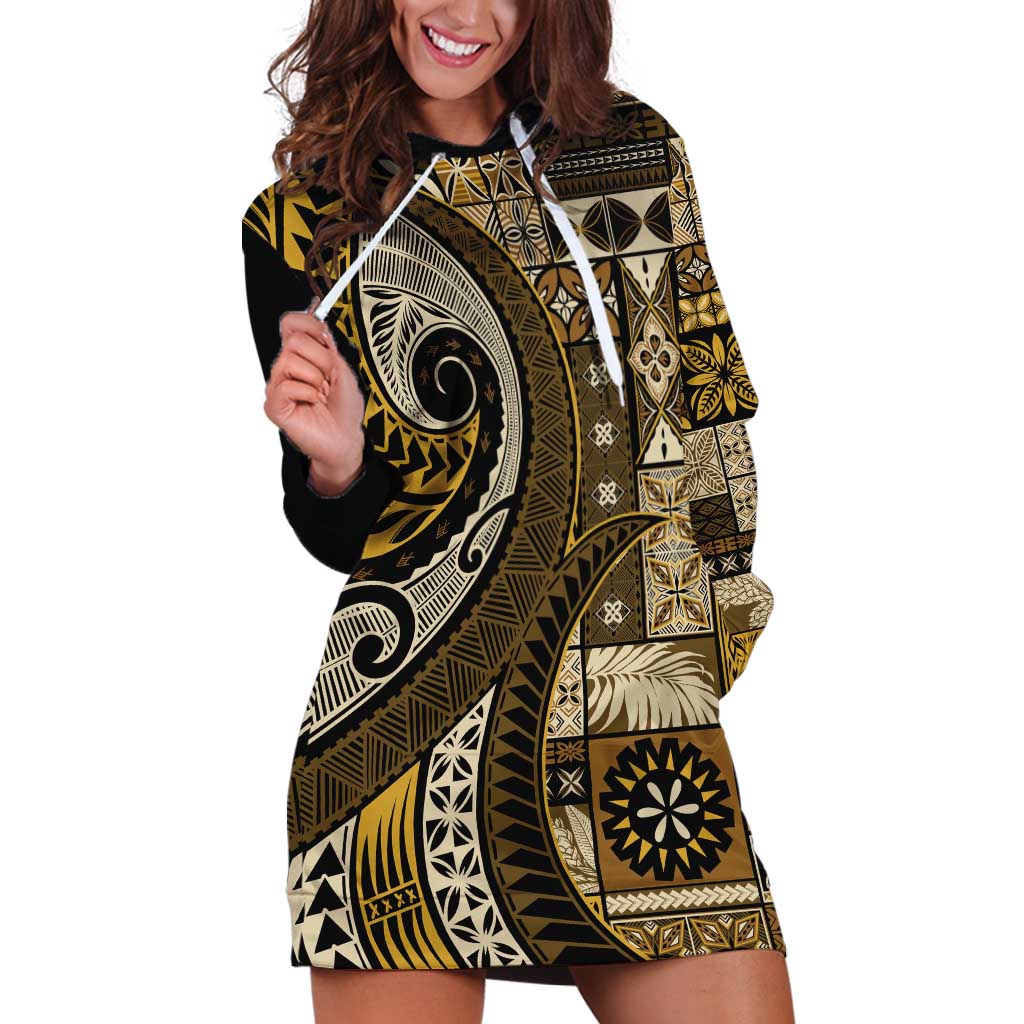 Vintage Samoa Siapo Mamanu Hoodie Dress Gold Samoan Tapa Motif - Polynesian Pride