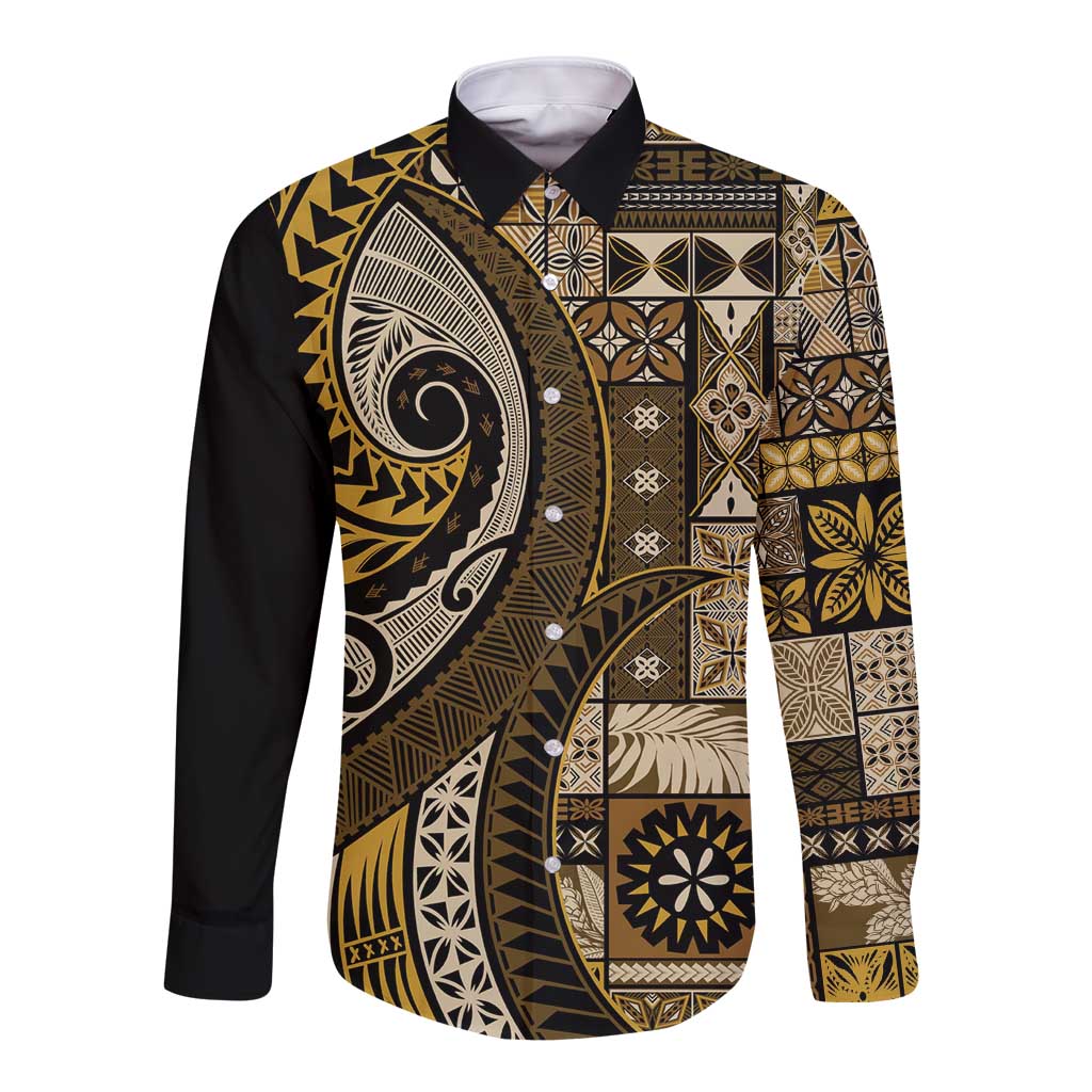 Vintage Samoa Siapo Mamanu Long Sleeve Button Shirt Gold Samoan Tapa Motif LT9 Unisex Gold - Polynesian Pride