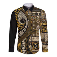 Vintage Samoa Siapo Mamanu Long Sleeve Button Shirt Gold Samoan Tapa Motif LT9 Unisex Gold - Polynesian Pride