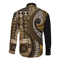 Vintage Samoa Siapo Mamanu Long Sleeve Button Shirt Gold Samoan Tapa Motif LT9 - Polynesian Pride
