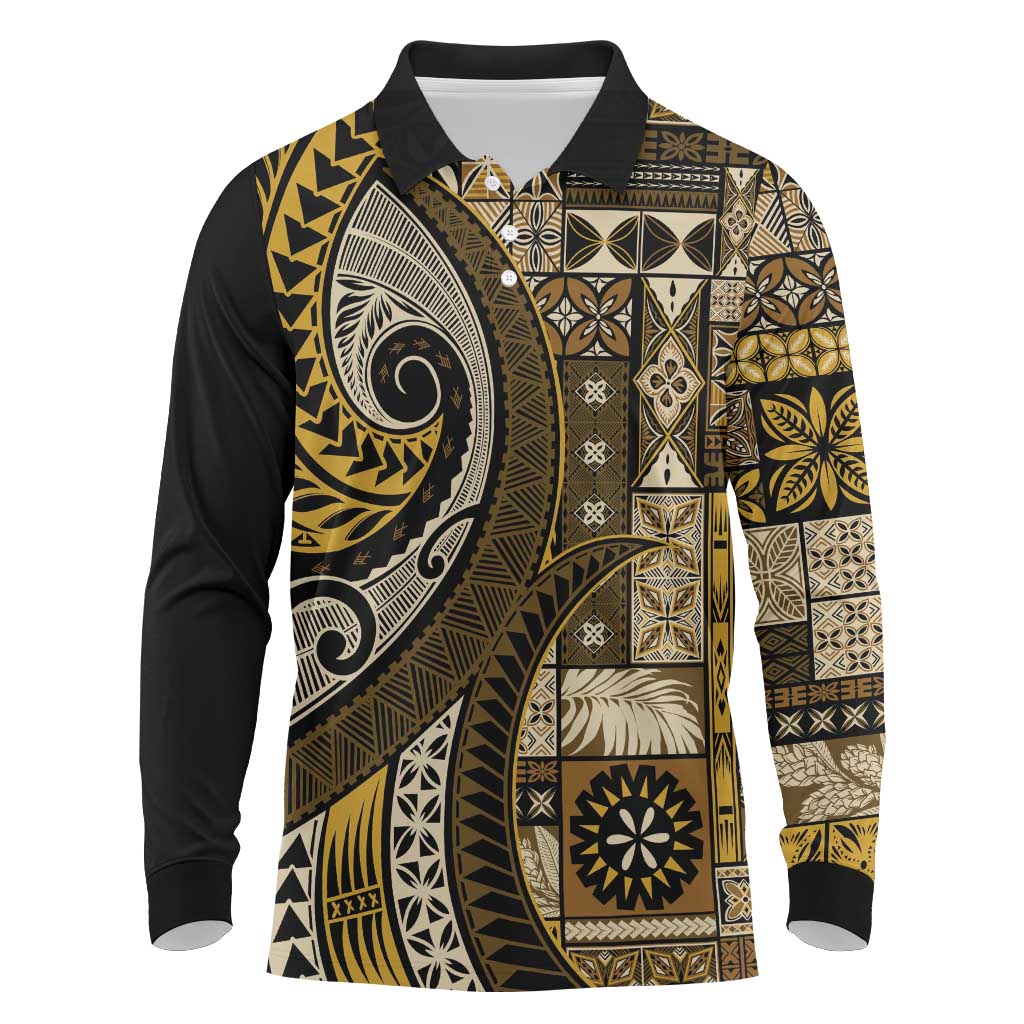 Vintage Samoa Siapo Mamanu Long Sleeve Polo Shirt Gold Samoan Tapa Motif - Polynesian Pride