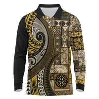 Vintage Samoa Siapo Mamanu Long Sleeve Polo Shirt Gold Samoan Tapa Motif - Polynesian Pride