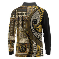 Vintage Samoa Siapo Mamanu Long Sleeve Polo Shirt Gold Samoan Tapa Motif - Polynesian Pride