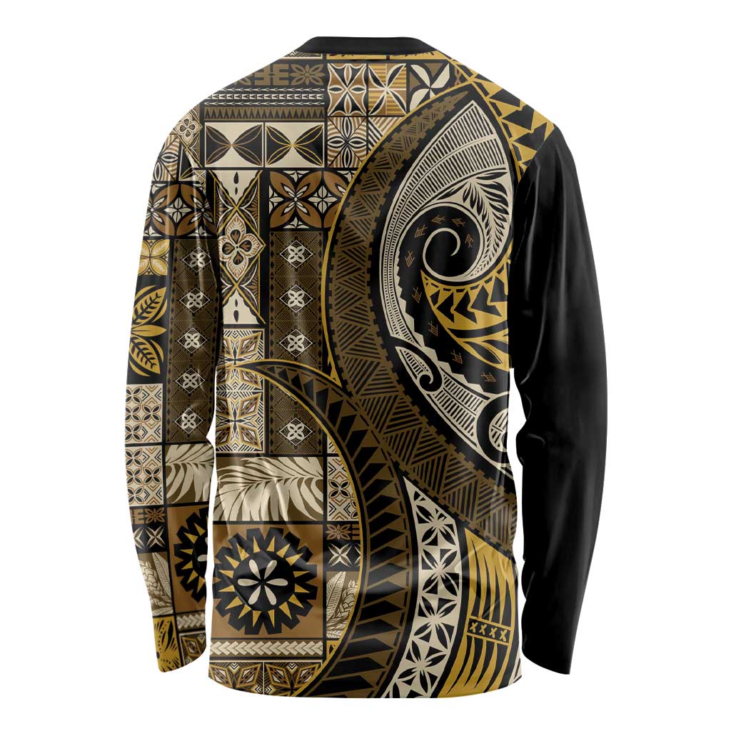 Vintage Samoa Siapo Mamanu Long Sleeve Shirt Gold Samoan Tapa Motif LT9 - Polynesian Pride